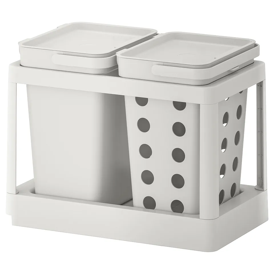 A dual HÅLLBAR waste sorting bin in white, designed to fit in kitchen cabinets.