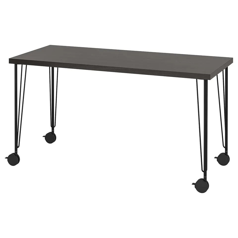 LAGKAPTEN desk: black rectangular top on metal legs with casters.