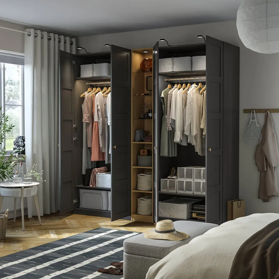 PAX / BERGSBO Wardrobe combination, dark grey dark grey/oak effect, 235x60x236 cm