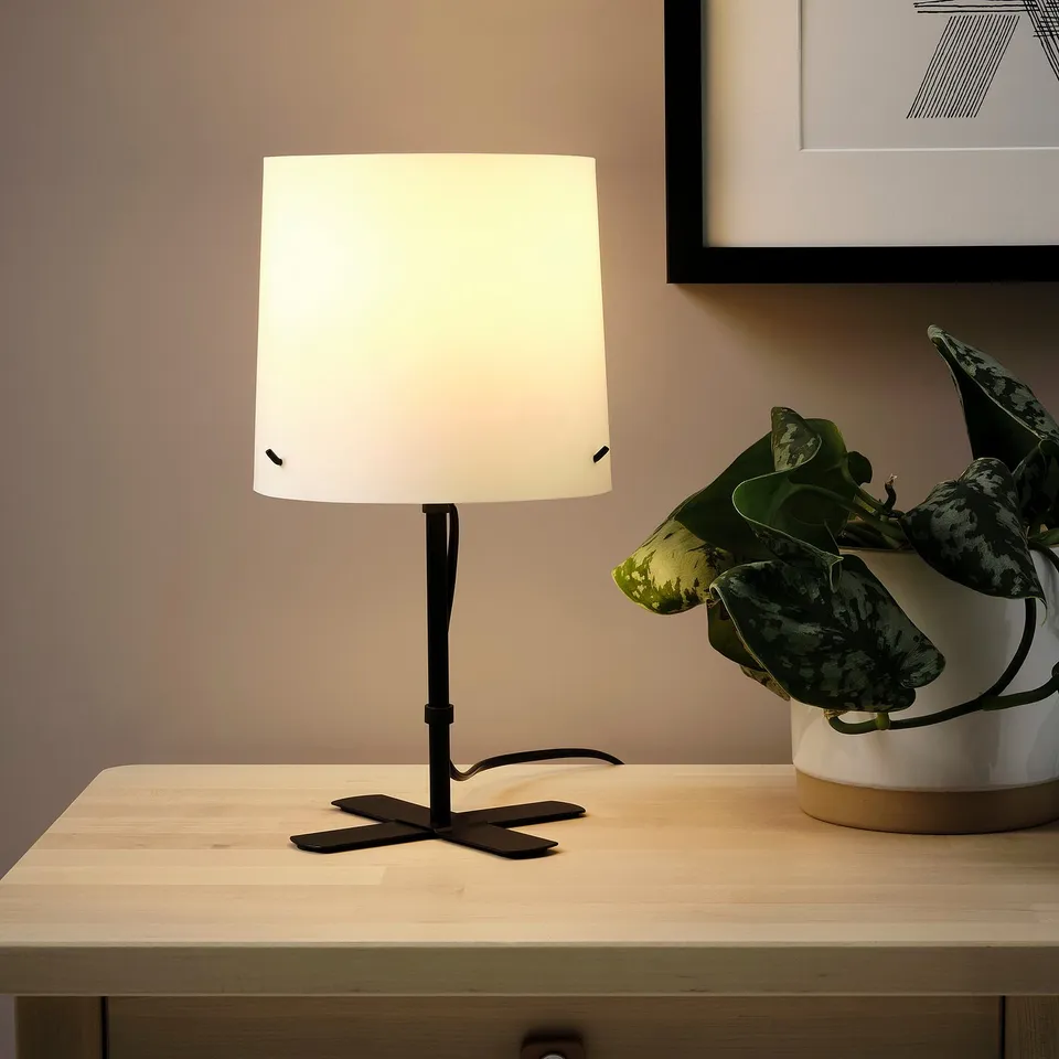 A lit table lamp with a white shade sits on a wooden surface next to a potted plant, providing soft, glare-free light.