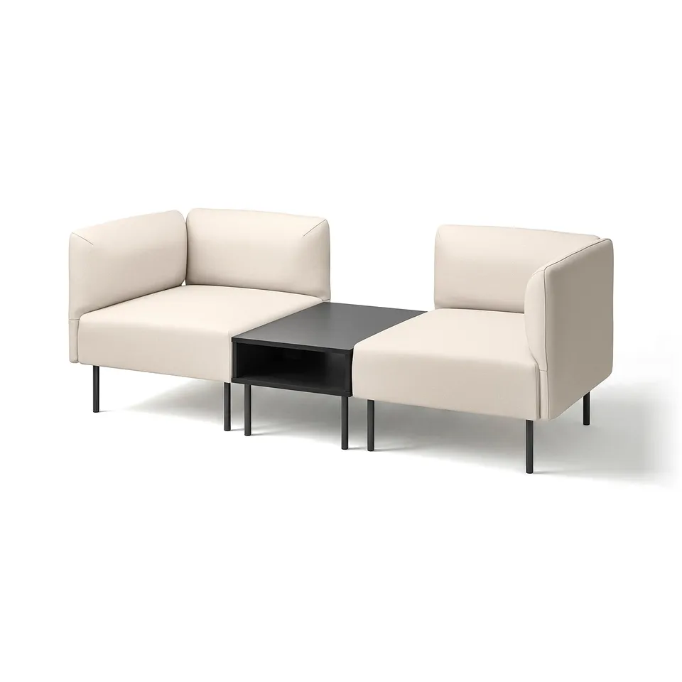 Modern minimalist cream-colored modular sofa set with black coffee table.