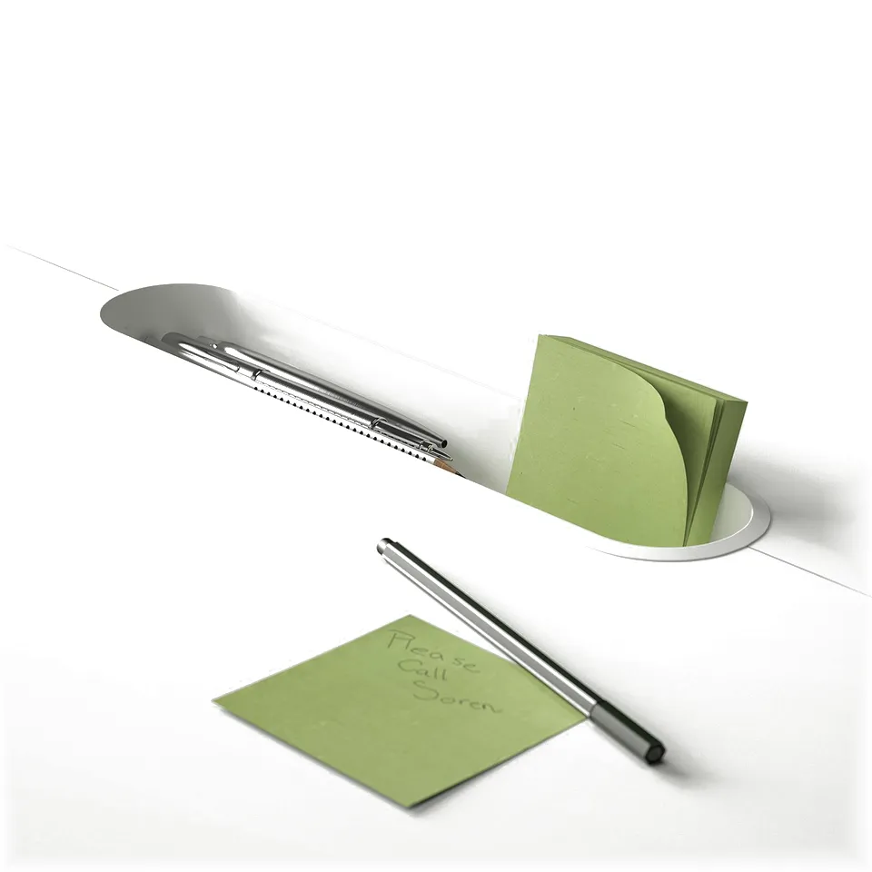 Three stands with office supplies: pen, notes, notepad.