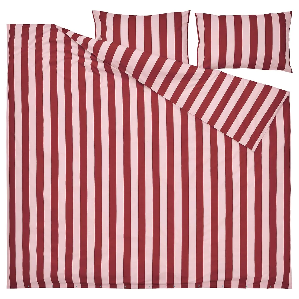 Striped bedding set: SLÅNHÖSTMAL in red and white, rectangular with cotton/lyocell blend.