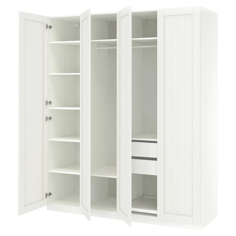 White PAX wardrobe, three sections with adjustable shelves, soft-closing doors.