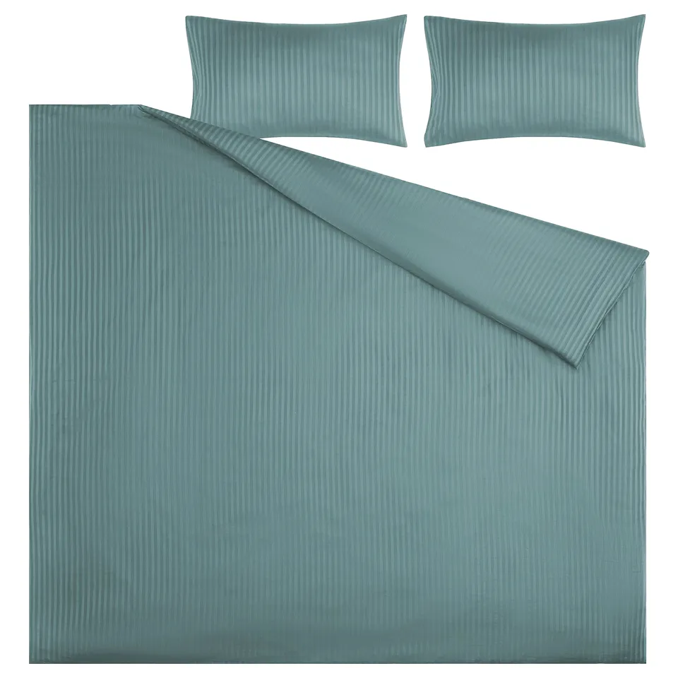 NATTJASMIN bed set in teal, striped, cotton-lyocell, 3 pieces: duvet, 2 square pillows.