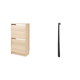 BISSA/OMTÄNKSAM set: shoe cabinet with 2 compartments + shoehorn