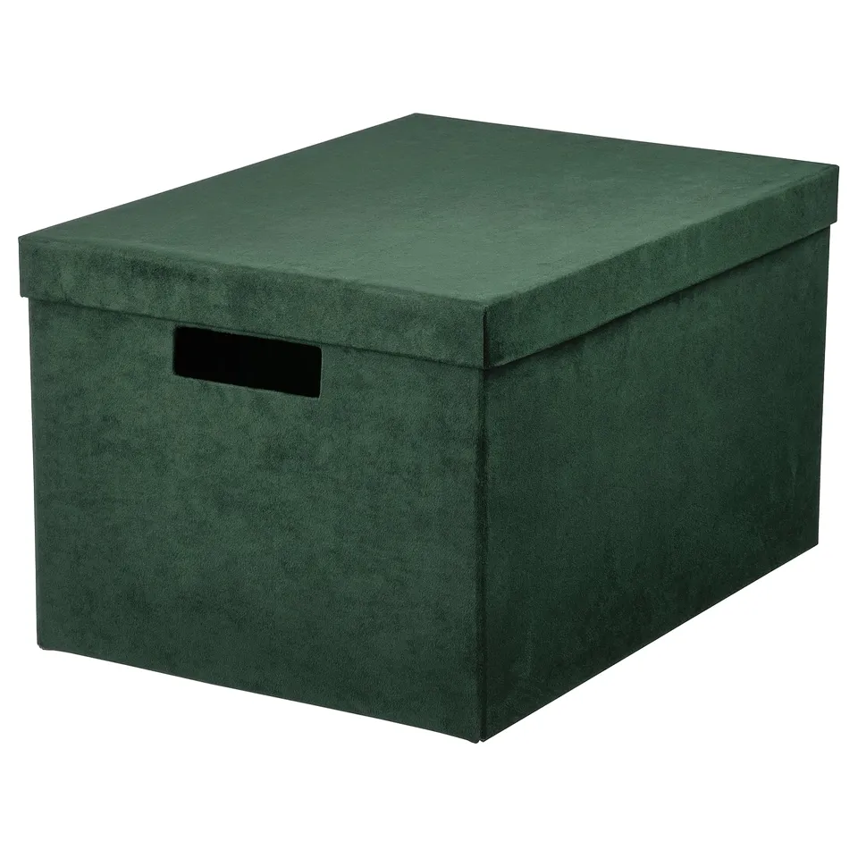 GJÄTTA Storage box with lid, velvet dark green, 25x35x20 cm