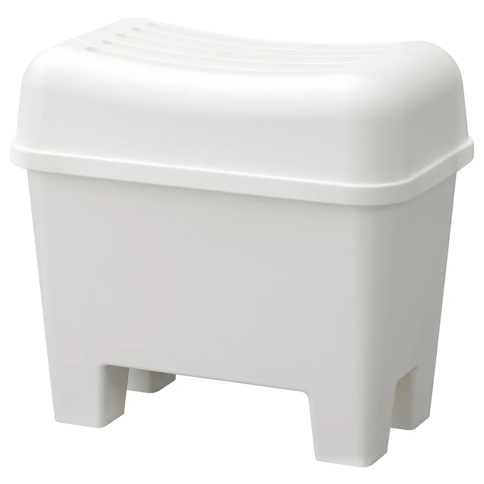 A white BURSJÖN plastic storage stool with an ergonomic lid.
