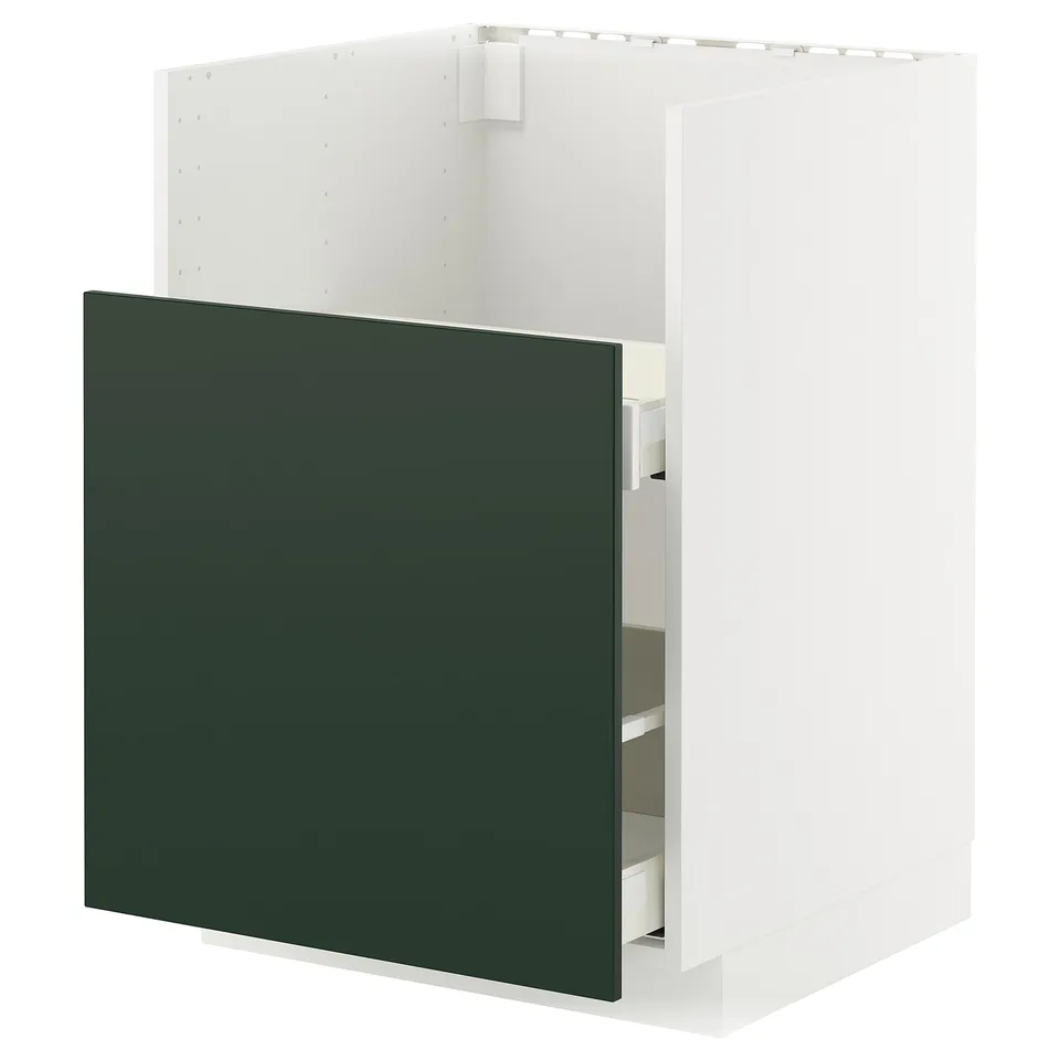 Single white cabinet with dark green drawer, sleek modern design.