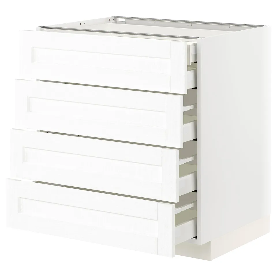 Modern white cabinet with four full-extension drawers, smooth finishes.