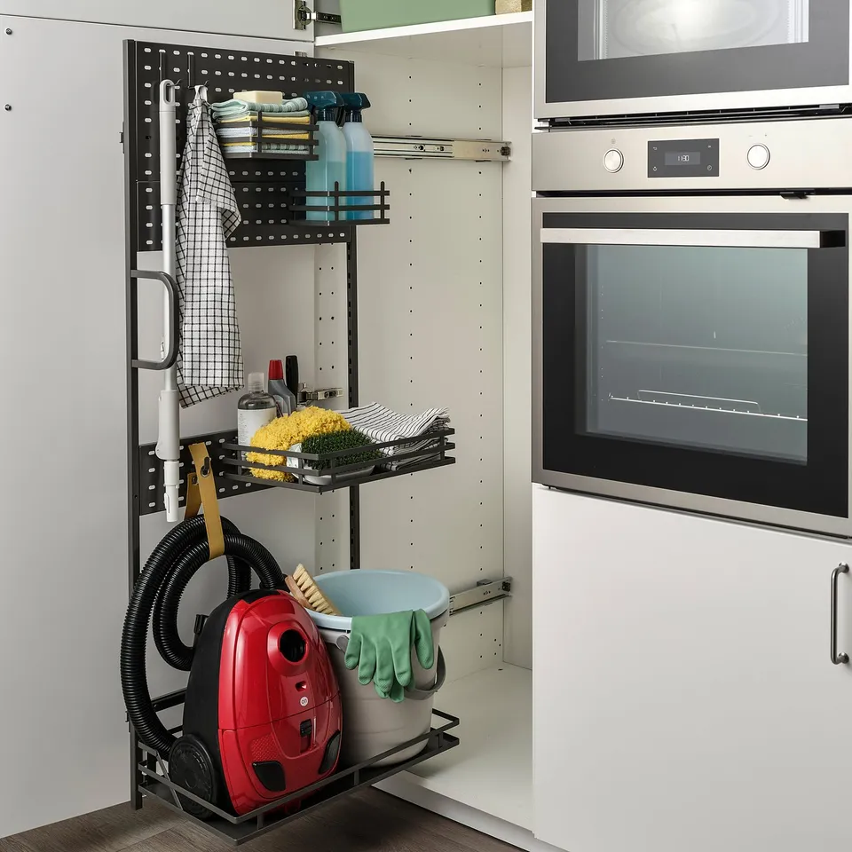 Organised cleaning cabinet with adjustable shelves, holding vacuum, bucket, and cleaning supplies next to an oven.