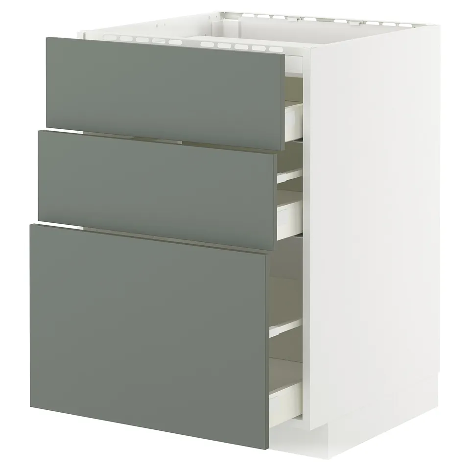 Modern grey-green METOD kitchen cabinet with three full-extension drawers.
