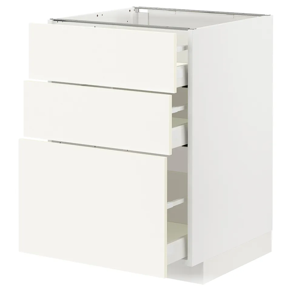 A white METOD kitchen cabinet with multiple drawers, sleek design, and modern finish.