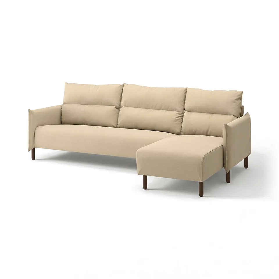 MANNARP beige sofa: minimalist design, high cushioned back, wooden legs, sink-in comfort.