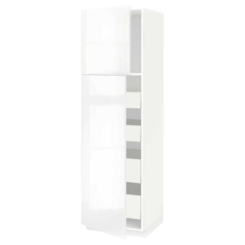 White high gloss METOD kitchen cabinet with three internal shelves.