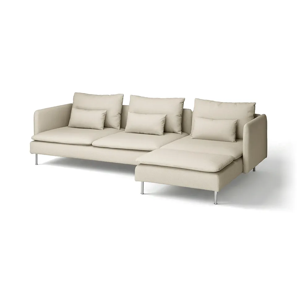 A beige SÖDERHAMN sectional sofa with light grey cushions, featuring a modern, low-profile design with metal legs, perfect for relaxing.