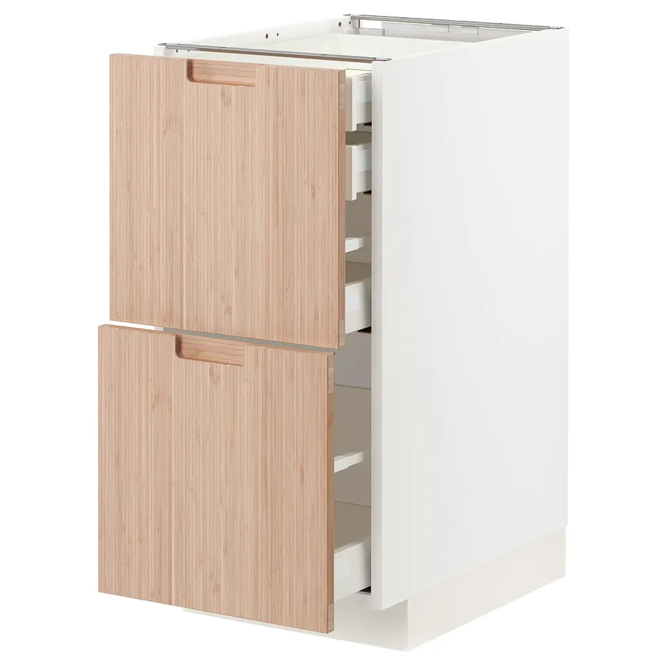METOD kitchen cabinet with bamboo drawers, minimalist design, white and light wood grain finish.
