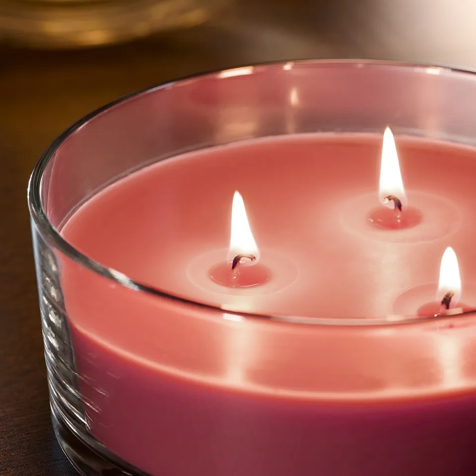 LOTSFÅGEL Scented candle in glass, 3 wicks, Watermelon bright pink, 25 hr