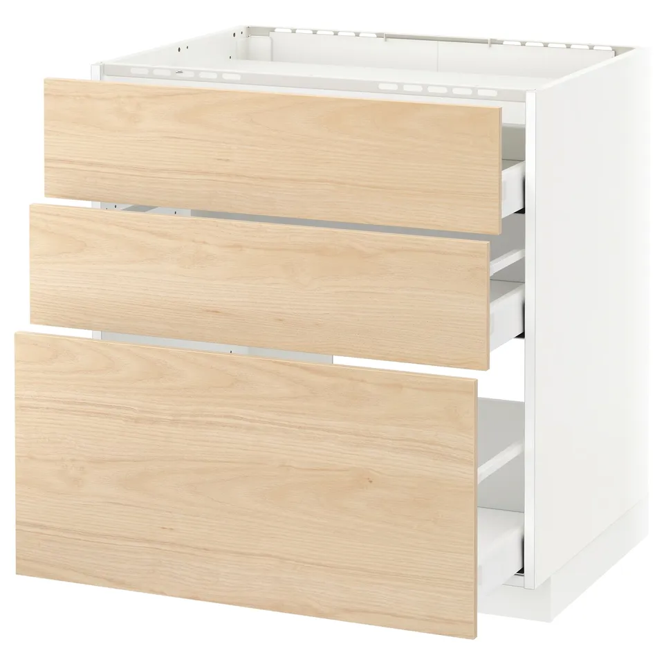 Modern kitchen unit: white and light wood drawers, three levels, sleek design.