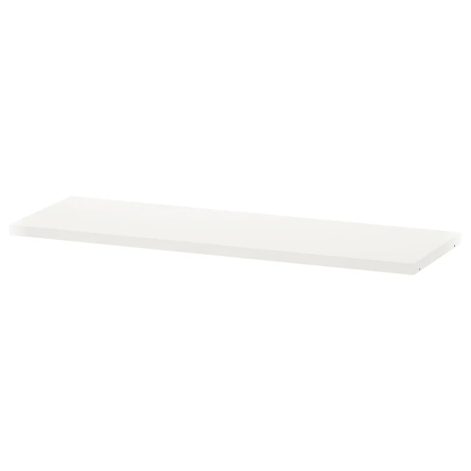 White BILLY shelf, rectangular, flat surface, made of particleboard with plastic edging. Minimalist design, perfect for storage.