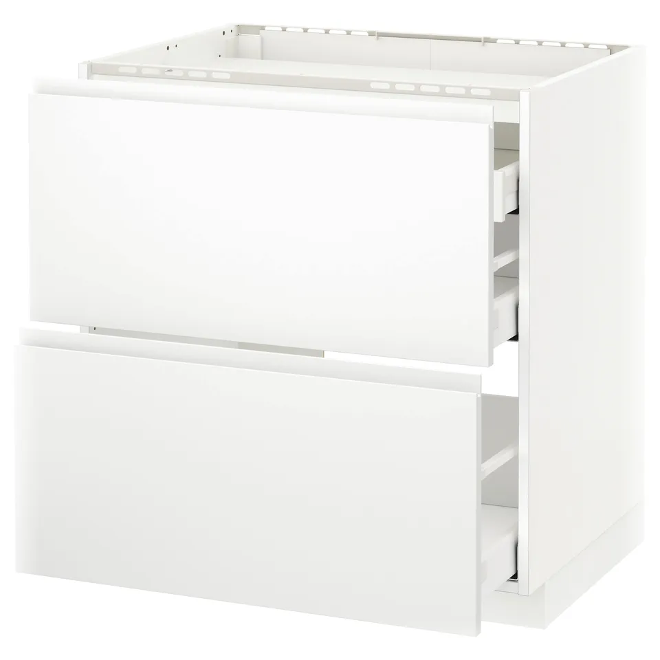 White METOD kitchen unit with three drawers, sleek modern design, smooth and soft-close mechanism.