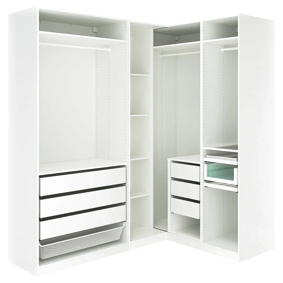 A white corner wardrobe named PAX with drawers and shelves for clothing storage.
