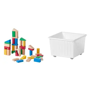 UNDERHÅLLA/VESSLA set: 40-piece wooden building block set + storage crate with castors