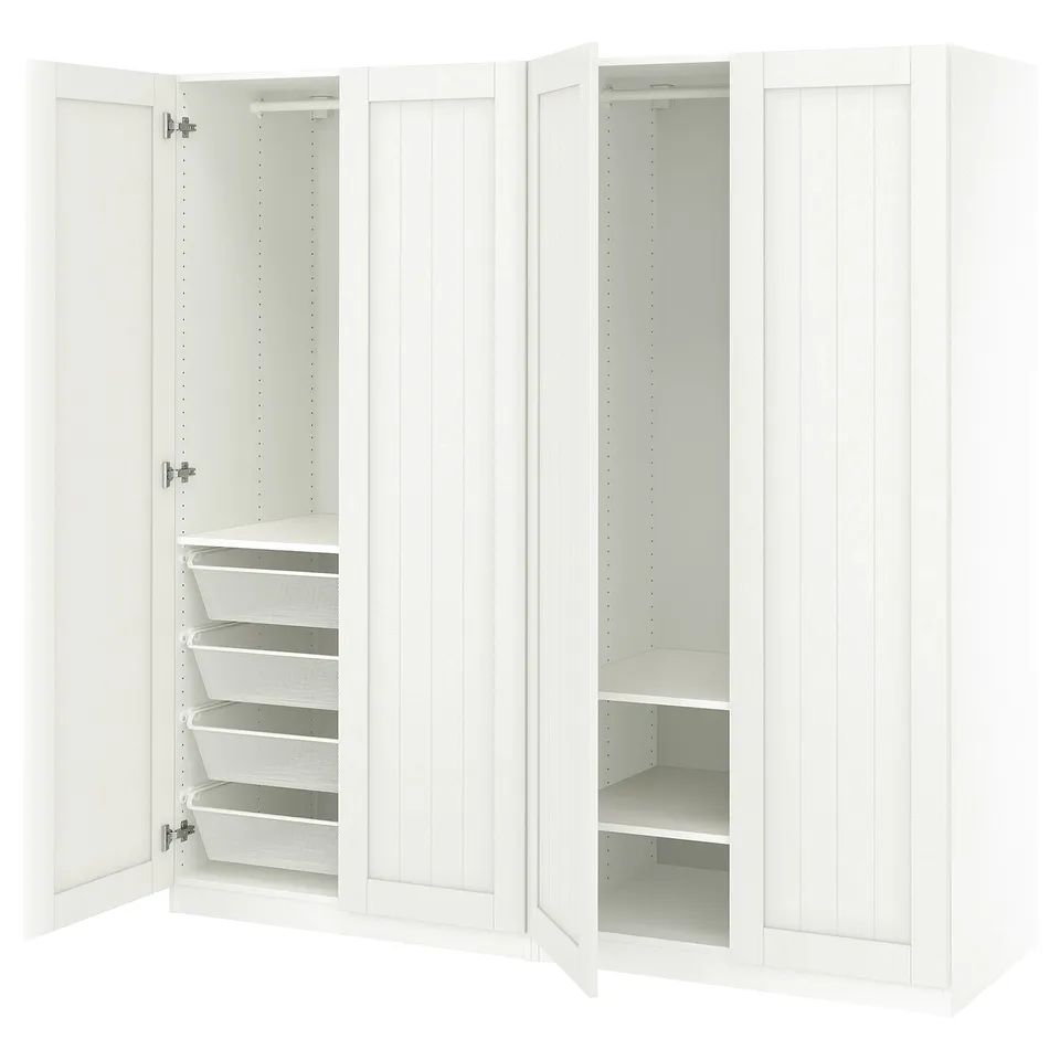 A white PAX wardrobe set with mesh drawers and shelves inside.