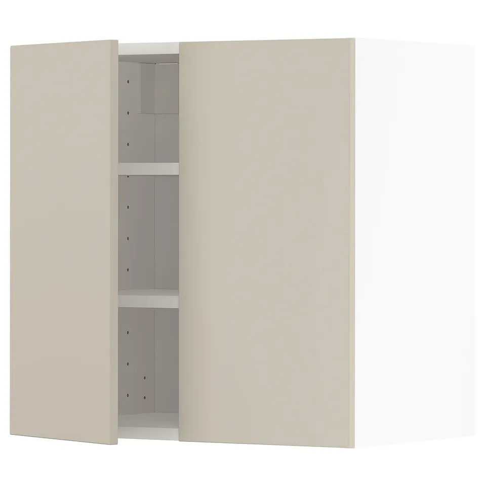 Modern beige kitchen cabinet with silver handles, open door showing adjustable shelves.