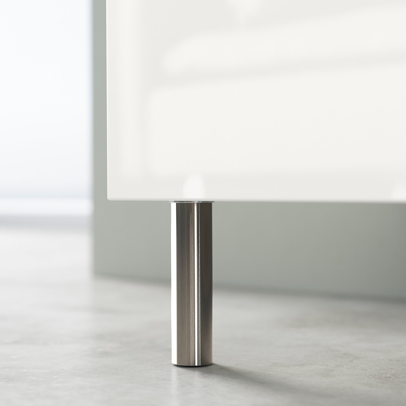 Modern white tv stand with steel leg, minimalist design.