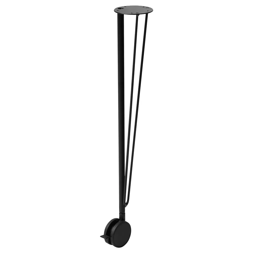 A LINNMON table leg in black with three metal supports and a single caster wheel at the base.