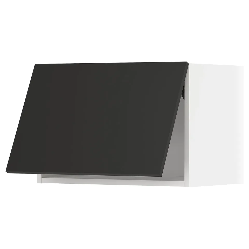Modern black kitchen cabinet, sleek rectangular shape, matt finish, with inner shelving.