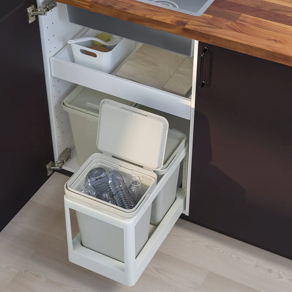Kitchen pull-out waste sorting bin, white, plastic, rectangular, hinged lid.