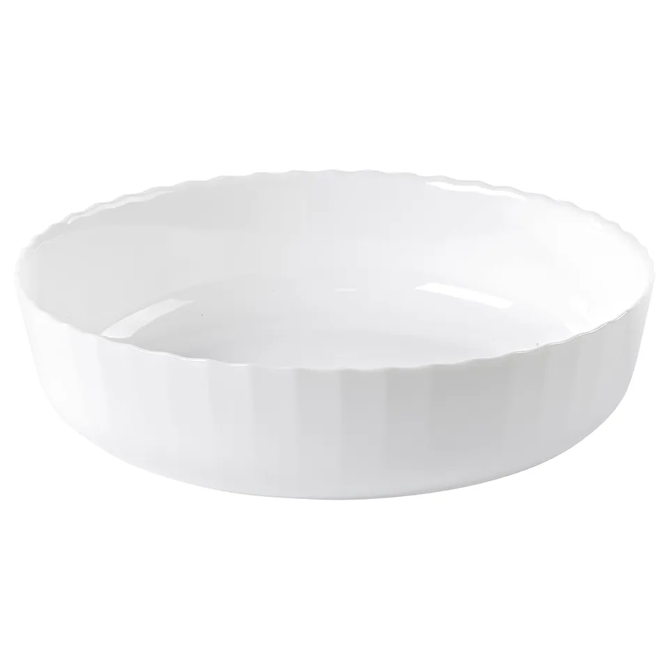 A FISKTÄRNA white round glass bowl. Its made of tempered opal glass, with smooth edges and a glossy finish.