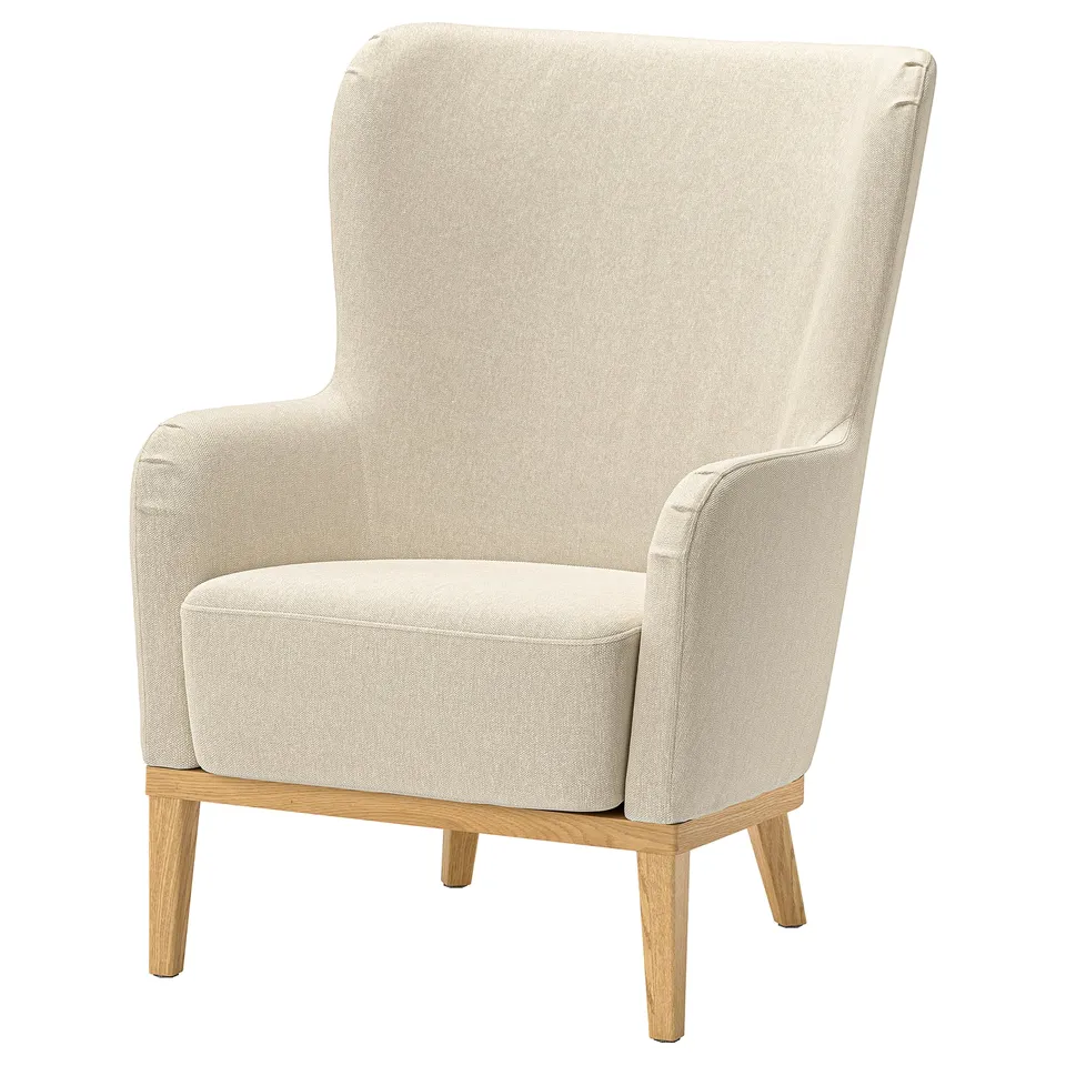FAGERBACKEN armchair, beige, cotton-polymer blend, high back, winged design.