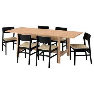 KARSKÄR / SKANSNÄS table and 6 chairs, rubberwood/black beech, 160/220x90 cm
