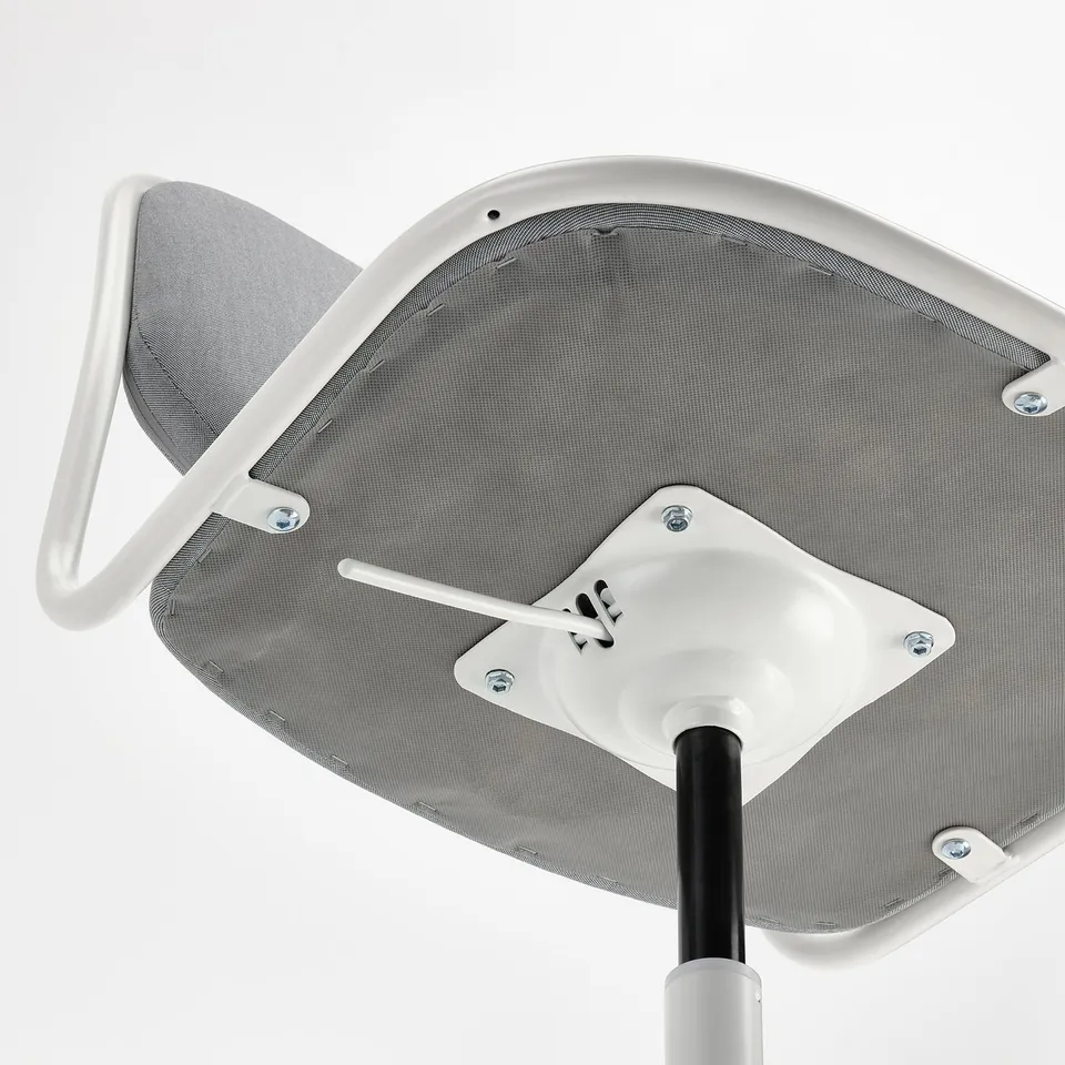 Underchair view: modern office chairs base with smooth, adjustable black gas lift; white, angled armrests; sturdy, mesh seat.