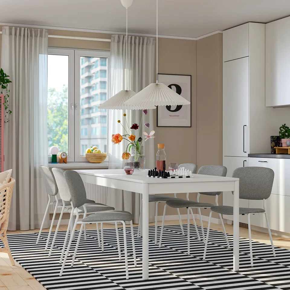 TONSTAD / VIHALS Table and 6 chairs, off-white/white Tibbleby beige/grey, 200x85 cm