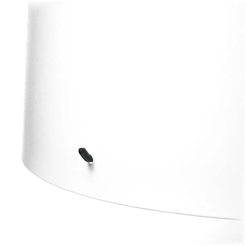 Close-up of modern table lamps sturdy white base and sleek black clamp detail, showcasing quality design.