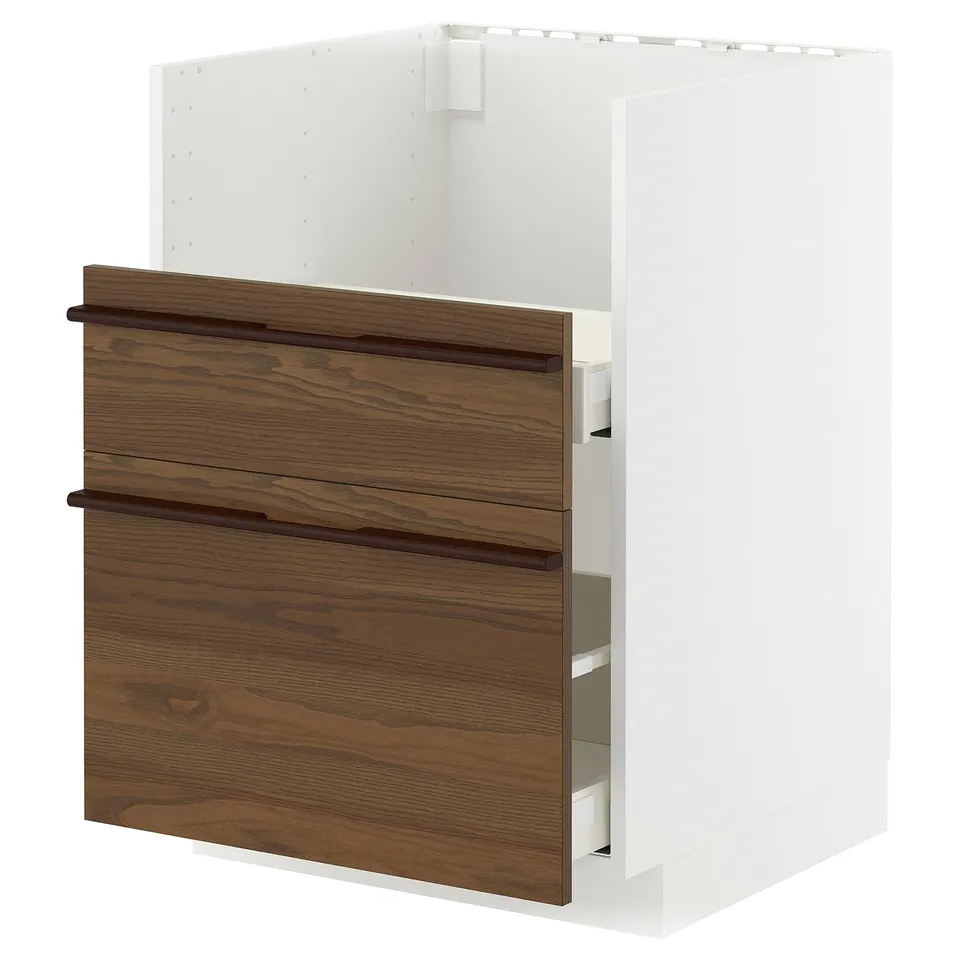 METOD kitchen unit with dark brown ash veneer drawers and white cabinet, modern and minimalist design.