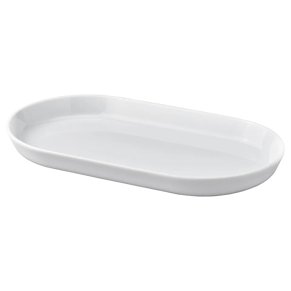 IKEA 365+ white porcelain oval serving dish, simple and timeless design, durable for everyday use.