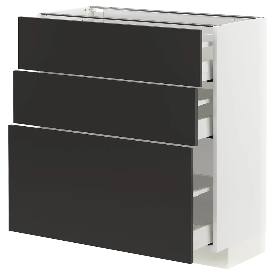 METOD kitchen unit with 3 black nickebo drawers, modern, white frame, 25y guarantee.