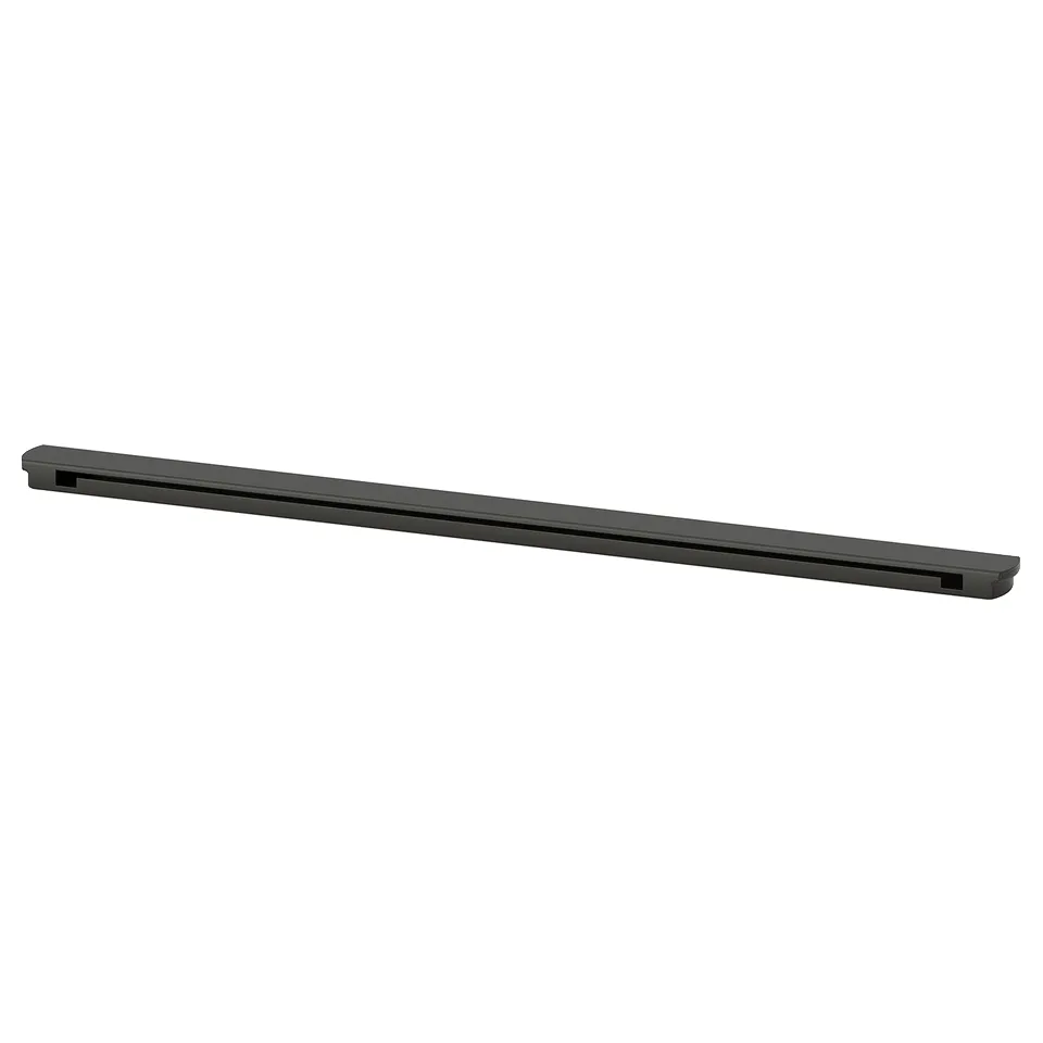 A black ENHET storage rail for shelves. Its made of powder-coated steel and designed to maximise space under ENHET frames for storage.