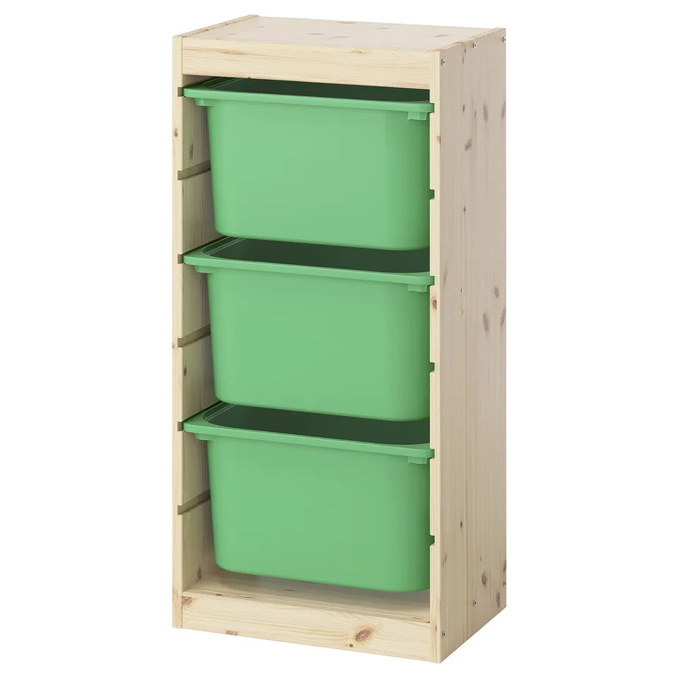 TROFAST: wooden storage unit with green bins for organising kids rooms.