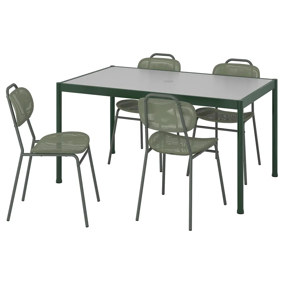 Green outdoor dining set with rectangular table and four curved chairs.