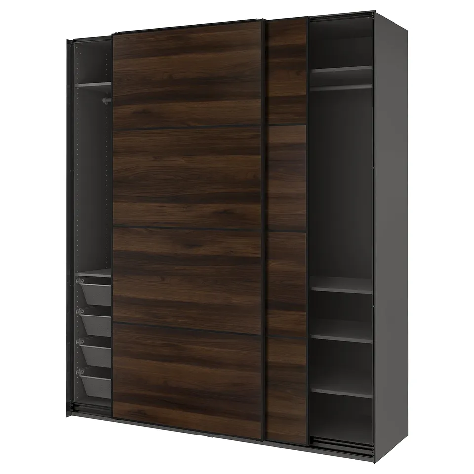 PAX / MEHAMN Wardrobe with sliding doors, dark grey black/double sided dark brown oak effect, 200x66x236 cm