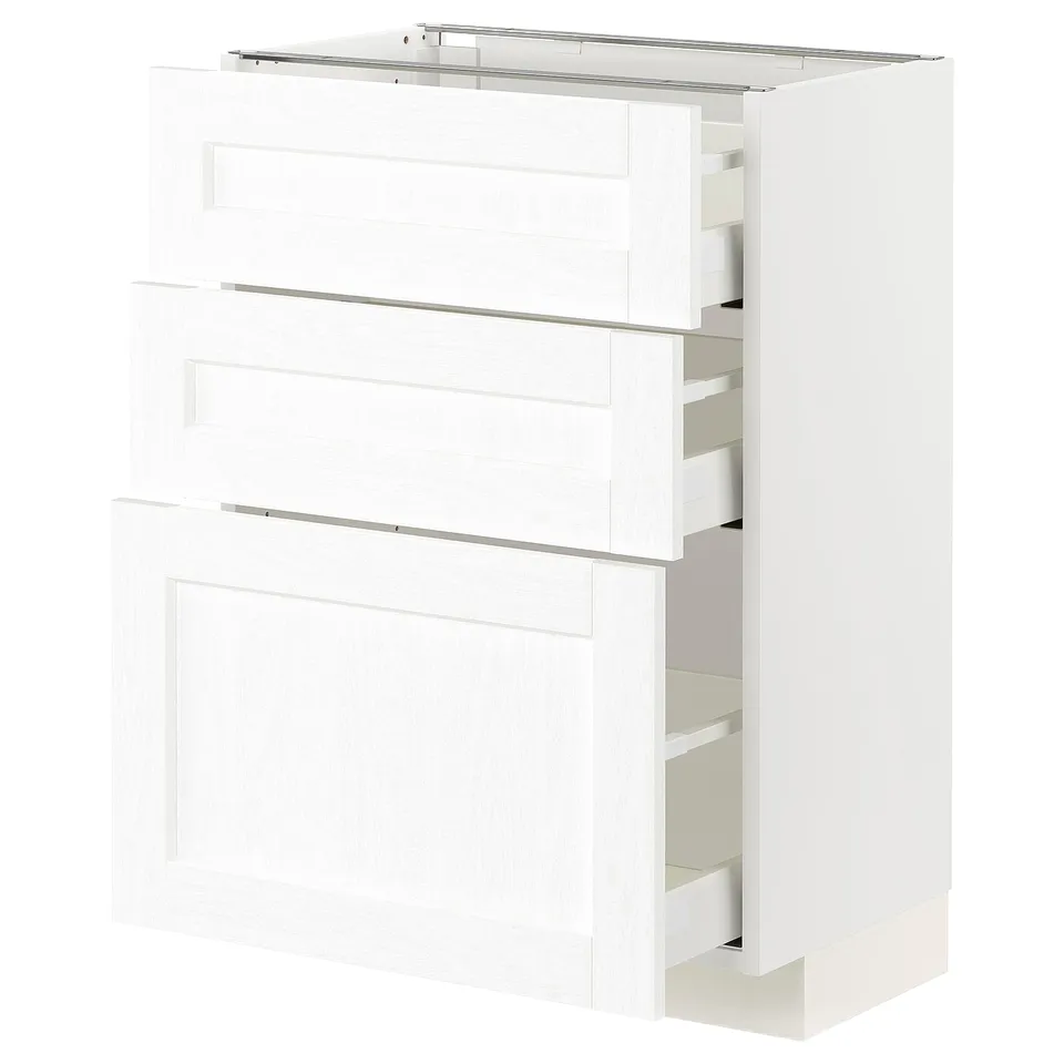 White METOD kitchen cabinet with three drawers and an open shelf.