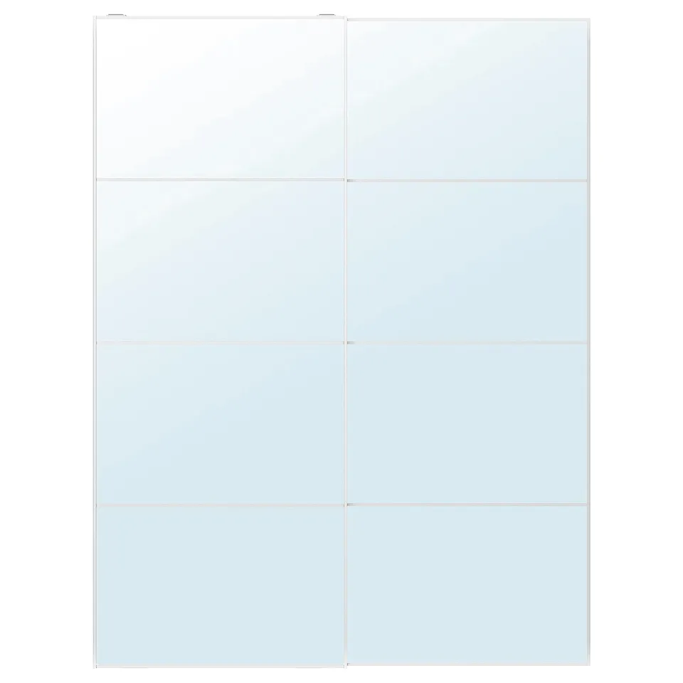 A white, rectangular mirrored sliding door panel set with aluminium frames and safety film.
