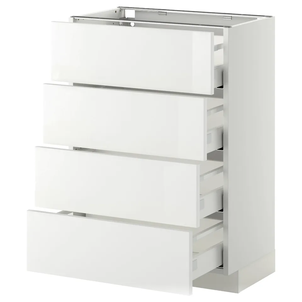 A white METOD kitchen cabinet with four open drawers. It a modern, high-gloss design and is made of fiberboard and steel.