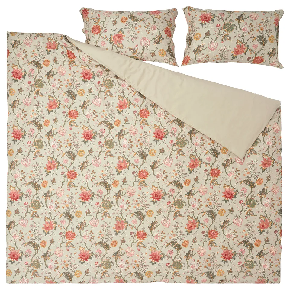 NÄSSELKLOCKA bedding set, light grey-beige floral, cotton-viscose, rectangular, duvet cover & pillowcases.